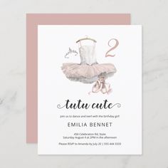 a pink and white ballerina birthday party card with the number two on it's front