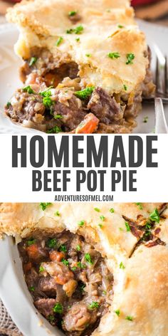 homemade beef pot pie on a white plate with a fork in the foreground and text overlay that reads homemade beef pot pie