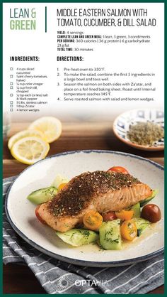 a menu for a meal with salmon, cucumber and dill salad