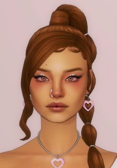 a woman with pink heart shaped earrings on her nose and necklaces around her neck