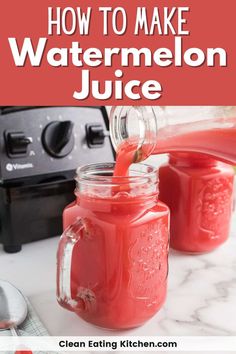 a person pours red liquid into mason jars on a countertop next to a blender