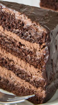 a piece of chocolate cake on a plate with a fork