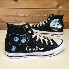 Your choice of Classic or Chuck 70s Black high top Converse hand painted with a metallic light blue Coraline design. Personalise the inner sides or heels with a name or short quote for something extra special! The monoblack shoe colour has plain black soles, eyelets and shoelaces as standard. Shoes Diy Painted, Coralines Closet Aesthetic, Shoe Design Ideas, Coraline Shoes, Shoe Painting Ideas Converse, Coraline Design, Coraline Converse, Shoes Converse, Coraline Jumper