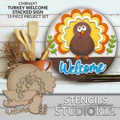 This adorable turkey would make a cute welcome in the form of a front door sign. And because it’s a DIY project, you can paint it any color you want. The DIY stacked sign kit features a cutout of a turkey on a circle background with “Welcome” in script font. The 15-piece set is made of 1/4” and 1/8” MDF and is 15”. A Thanksgiving front door décor piece or a great family project with your kids. Add it wherever you want to add a little cuteness to your Thanksgiving décor. USA Made, Ships fast Thanksgiving Front Door, Welcome Door Hanger, Circle Background, Front Door Sign, Gobble Gobble, Front Door Signs