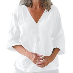 Women's 2024 Cotton Linen Blouse V-Neck Mid Sleeve Solid Shirts Casual Long Sleeve V-neck Top For Summer, Cotton V-neck Shirt In Solid Color, Spring V-neck Shirt, Casual Solid Color V-neck Shirt, Relaxed Fit Solid Color V-neck Top, Solid V-neck Shirt For Fall, V-neck Tops For Spring, Spring V-neck Top, Solid V-neck Shirt For Spring