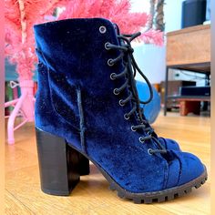 Never Worn, Super Comfortable Stylish Blue Velvet Booties. Perfect For The Holidays!! Blue Round Toe Platform Boots For Winter, Blue Round Toe Platform Boots For Fall, Blue Winter Platform Boots With Round Toe, Fall Blue Platform Boots With Round Toe, Blue Ankle-high Platform Boots, Winter Blue Platform Boots, Blue High Heeled Boots With Reinforced Heel, Blue High Heel Boots With Reinforced Heel, Blue High-top Platform Boots