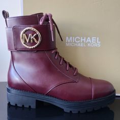 Michael Michael Kors Women's Faux Leather Tatum Ankle Boot In Beautiful Merlot Color, Toecap Front Lace-Up With Side Zipper & Fastening Buckle-Fastening Ankle Strap, Gorgeous Gold-Tone Color Mk Logo Hardware & Durable Chunky Rubber Sole Composition Sole :) Retail: $230 Condition: Brand New With Original Shoe Box Women's Size Designer Faux Leather Boots For Fall, High-top Boots With Branded Heel Counter For Fall, Designer Faux Leather Boots With Round Toe, Trendy Burgundy Leather Boots, Michael Kors High Heels, Merlot Color, Open Toe Boots, Brown Leather Wedges, Michael Kors Boots