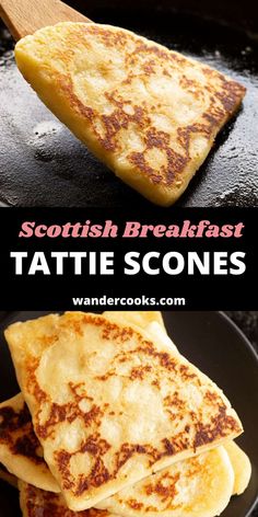 scottish breakfast tattle scones on a black plate with a wooden spoon in the foreground