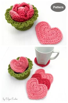 crocheted heart coasters and coffee cup cozyies