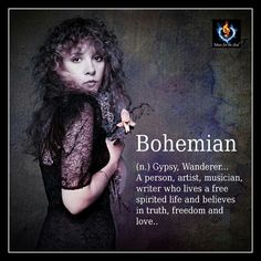 a woman with long hair holding a flower in her right hand and the words bohemian on it