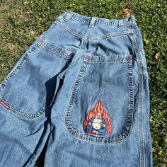 Insanely Sick Vintage 90s Jnco Jeans Flaming Buddha Massive Back Pockets Mad Lofty Fit Baggy Jeans!! These Are By Far My Fav Jncos!! Absolutely Love The Fit Of These! They Say Size 32 X 32 But Fit Like A 30x30! #Jnco #Baggy #Vintage #Denim #Y2k Jnco Jeans, Light Wash Jeans, Baggy Jeans, Vintage Denim, Vintage 90s, Mens Jeans, Halloween, Blue, Color