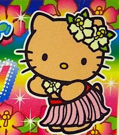 an image of a hello kitty sticker with flowers on her head and in a skirt