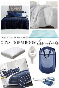 an image of bedroom essentials for guys dorm room essentials in blue and white