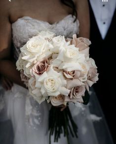 the bride and groom are holding their wedding bouquet