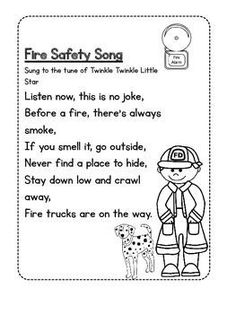 the fire safety song is shown in black and white with an image of a fireman