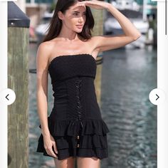 Cotton Natural Women’s Strapless Short Dress, Front Cross Lace, Three Layers At The Bottom, Wood Beads, Beautiful Details. This Stylish Skirt Is Made From The Finest Peruvian Pima Cotton. Soft, Comfortable And Breathable Https://Www.Cottonnatural.Com/Product/Bora-Bora-Black-Line-Dress/ Black Strapless Mini Dress For The Beach, Black Strapless Summer Mini Dress, Black Strapless Mini Dress For Summer, Fitted Black Strapless Dress For Beach, Black Strapless Summer Dress, Black Strapless Dress For Vacation, Black Strapless Beach Dress, Black Bandeau Dress For Vacation, Black Fitted Strapless Dress For Vacation