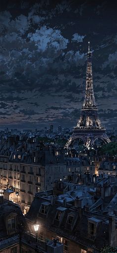 the eiffel tower is lit up at night