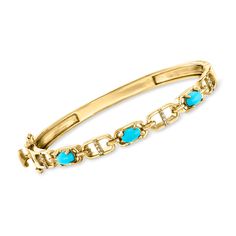 Ross-Simons - Turquoise Mariner-Link Bangle Bracelet, Diamond Accents Over Sterling. 8". Spark your stack with some girly glamour! Our bangle bracelet features diamond-accented mariner links shimmering between vibrant 6x4mm oval stabilized turquoise stations. Crafted in polished 18kt yellow gold over sterling silver, it offers a gorgeous glow bright enough to uplift your whole look. Hinged with a double-latch safety. Box clasp, turquoise mariner-link bangle bracelet. Queens Jewels, Safety Box, Bracelet Diamond, Fine Jewelery, Box Clasp, Sleeping Beauty Turquoise, Silver Bangle Bracelets, Gold Plated Bracelets, Anniversary Gift For Her