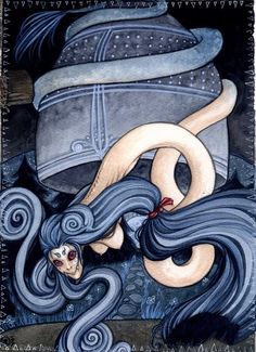 a painting of a woman laying on top of a pile of hats with her hair blowing in the wind