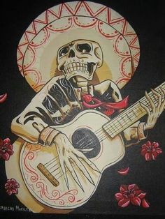 a painting of a skeleton holding a guitar and wearing a sombrero with red flowers