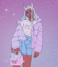 a drawing of a girl with white hair wearing a pink jacket and blue denim shorts