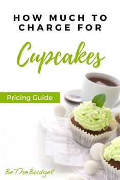 three cupcakes with green frosting sitting on top of a white table cloth