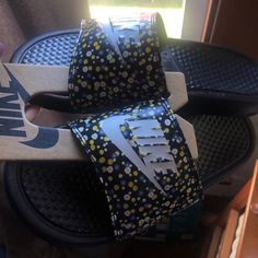 Flower Print Nike Slides Brand New Never Worn Perfect Condition Nike Spring Slides, Yellow Sporty Slides For Summer, Fun Non-slip Slides For Spring, Comfortable Nike Slides For Spring, Nike Sporty Slides For Spring, Yellow Round Toe Slides For Spring, Nike Non-slip Sandals For Spring, Spring Non-slip Nike Sandals, Nike Casual Sandals For Spring