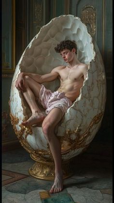 a painting of a man sitting in an egg shaped chair with his legs spread out