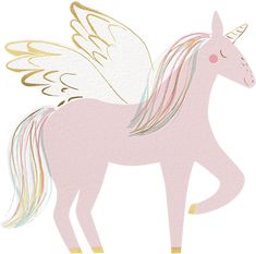 a pink unicorn with gold wings on it's back