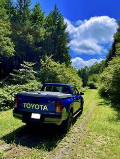 a pickup truck parked on the side of a dirt road in front of some trees