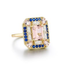 Lab-Grown Sapphire Morganite Art Deco Cocktail Ring – Vivian Grace Elegant Multi-stone Rectangular Rings, Elegant Rectangular Multi-stone Rings, Art Deco Rectangular Ring With Accent Stones, Art Deco Rectangular Gemstone Rings, Art Deco Cocktail, Jewelry Studio, Art Deco Inspired, Topaz Gemstone, Dream Jewelry