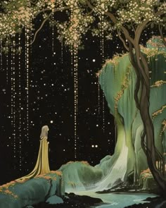 a painting of a woman standing in the middle of a forest at night with stars falling from the sky