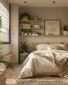 there is a bed in the room with plants on the shelves above it and a potted plant next to the bed