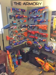 Nerf Armory Nerf Storage, Nerf Party, Boys Playroom, Boy Bedroom, Big Boy Room, Toy Rooms, Boys Bedrooms, Boy's Bedroom, Kids Playroom