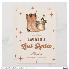 an image of a birthday party card with cowboy boots and a wine bottle on it