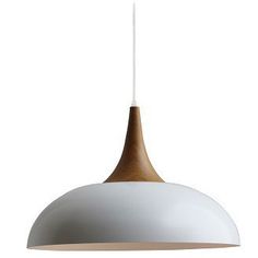 a white and wooden light hanging from a ceiling