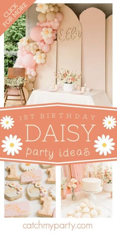 a birthday party with pink and white decorations