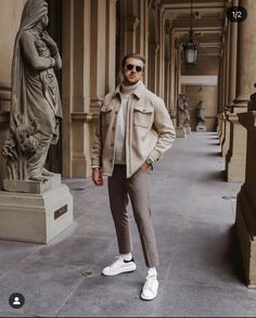 Mens Neutral Outfit Winter, Zara Men Outfits Winter, Tan And White Mens Outfits, Beige Overshirt Men Outfit, Beige Jacket Outfit Men, European Fashion Men, Beige Jacket Outfit, Turtleneck And Blazer, Overcoat Men