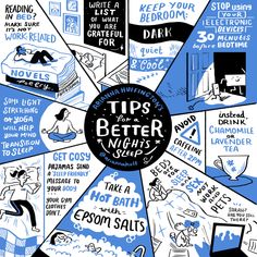 a blue and white poster with words about how to get better night's sleep