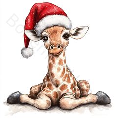 a baby giraffe wearing a santa hat