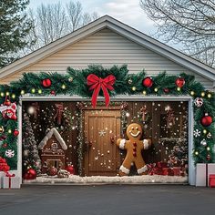 a garage covered in christmas decorations with a gingerbread man on the front and side