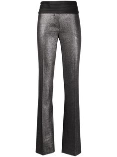 black stretch virgin wool blend straight leg metallic effect ribbed elasticated waistband Please be mindful that this piece has led a previous life, and may tell its story through minor imperfection. Purchasing this item continues its narrative, so you can be confident that you’re making a POSITIVELY CONSCIOUS choice for the planet. Formal Metallic Wide Leg Bottoms, Modern Metallic Straight Leg Pants, Modern Stretch Pants For Party, Metallic Straight Leg Pants For Work, Metallic Straight Leg Work Pants, Modern Trousers For Party, Modern Party Trousers, Elegant Metallic Pants For Work, Metallic Fitted Pants For Formal Occasions