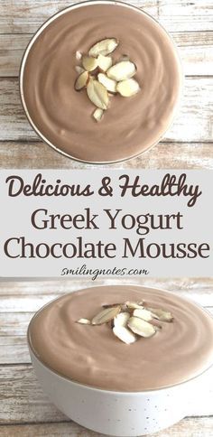 delicious and healthy greek yogurt chocolate mousse with almonds on top