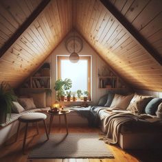 a living room filled with furniture and a window in the wall next to a rug