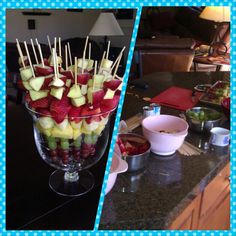 a bowl filled with fruit sitting on top of a counter