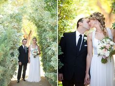 a bride and groom are kissing in front of some greenery at their outdoor wedding