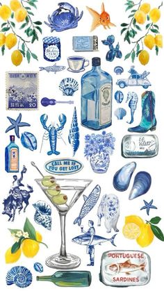 an illustration of various blue and white items in the shape of a glass with lemons on it