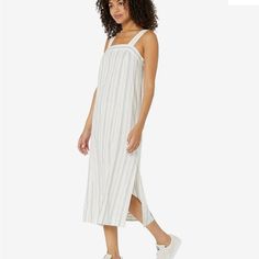 Made Of An Airy Linen And Cotton Blend, This Striped Square-Neck Midi Dress Has Body-Skimming Princess Seams And Long Adjustable Straps That Button In Back. For That Effortlessly Put-Together Look. Falls 50" From High Point Of Shoulder (Based On Size M). 55% Linen/45% Cotton. Do Well: We Partner With The Better Cotton Initiative To Improve Cotton Farming Globally. Machine Wash. B50 Breezy Knee-length Midi Dress For Daywear, Beige Lined Midi Dress For Daywear, Casual Off-white Maxi Dress For Beach, Casual Off White Maxi Dress For Beach, Daytime Beige Cotton Midi Dress, Beige Cotton Midi Dress For Daytime, Breezy Beige Dress For Daywear, Beige Breezy Dress For Daywear, Beige Midi Sundress For Daytime