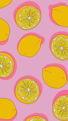 a bunch of lemons on a pink background that is drawn in yellow and pink