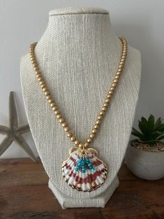 Scallop Shell Pendant Gold Bead Necklacebeach Necklaceboho - Etsy Seashell Jewelry Diy, Seashell Jewelry, Scallop Shells, Shell Pendant, Blue Beads, Gold Beads, Gold Pendant, Handmade Natural, Sea Shells